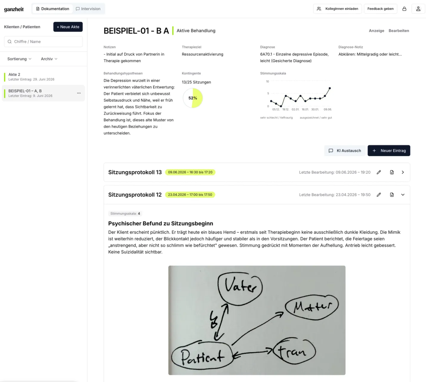 Eine Fallakte unter einer Chiffre, mit Diagnose, Therapieziel und den bisherigen Sitzungsprotokollen