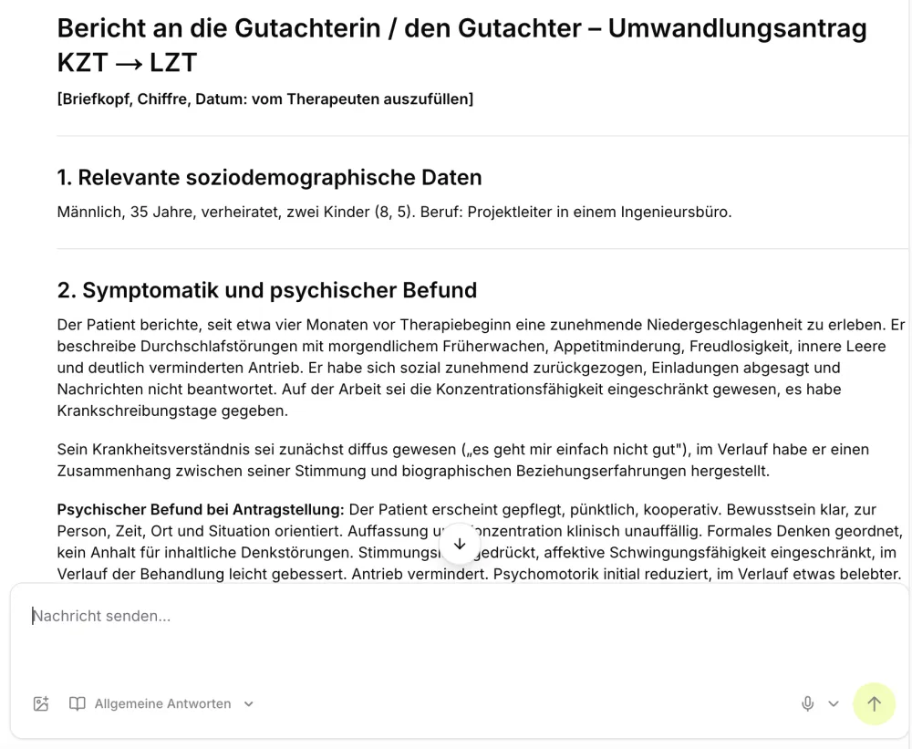 Ein von ganzheit erstellter Berichtsentwurf an die Gutachterin zum Umwandlungsantrag von Kurz- auf Langzeittherapie, gegliedert nach soziodemographischen Daten und psychischem Befund