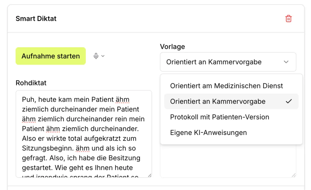 Ein frei eingesprochenes Rohdiktat in der geöffneten Fallakte