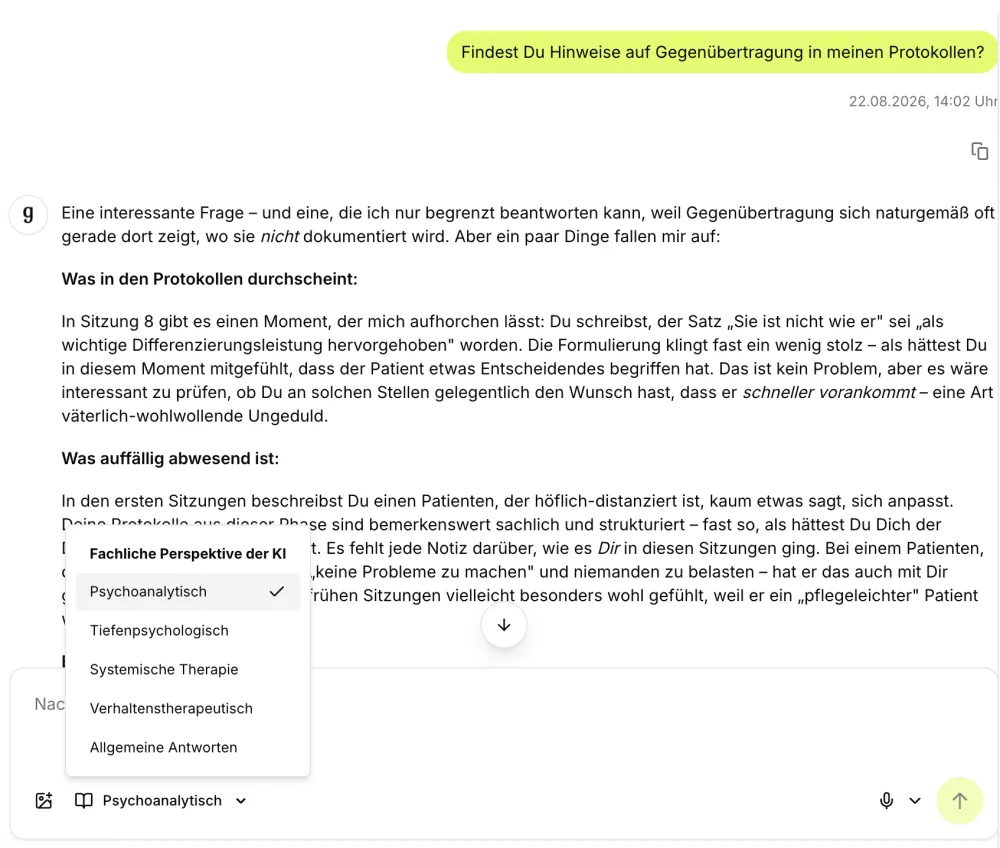 Die Auswahl der fachlichen Perspektive neben einer Rückfrage von ganzheit zum Fall